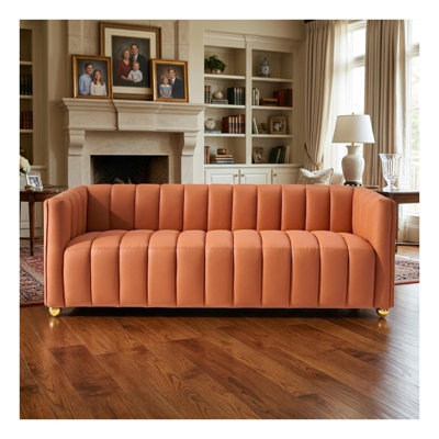 Modern Glam Vertical Channel Tufted Sofa, 82.7" Wide Orange Leather-Look Fabric Couch with Continuous Seat and Solid Wood Frame for Living Room