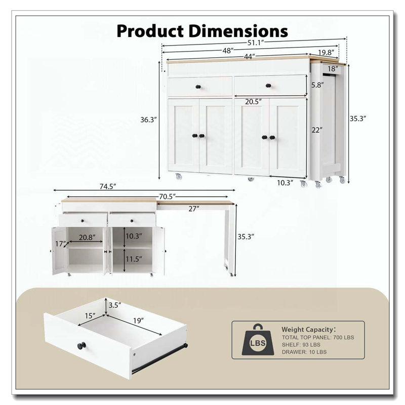 Îlot de cuisine avec table de salle à manger extensible, étagère à épices et 2 tiroirs, chariot de rangement de cuisine avec armoire à 4 portes