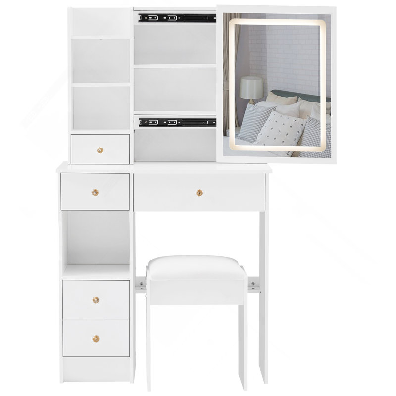Petit meuble-lavabo de 29,2 po avec tabouret de bureau et tabouret rembourré à gauche 29,5 po, grande commande tactile, interrupteur tricolore, miroir à luminosité réglable, rangement à grande capacité, convient aux petits espaces