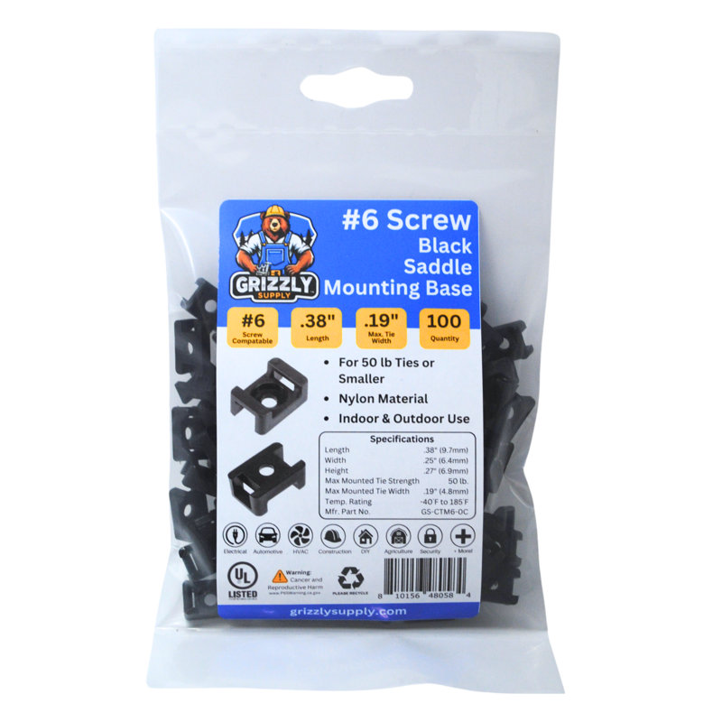 Cable Tie Saddle Mount #6 Screw Size 100/bag, Black