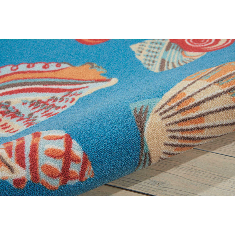 Azure Seashell Pattern 10' x 13' Synthetic Indoor/Outdoor Rug