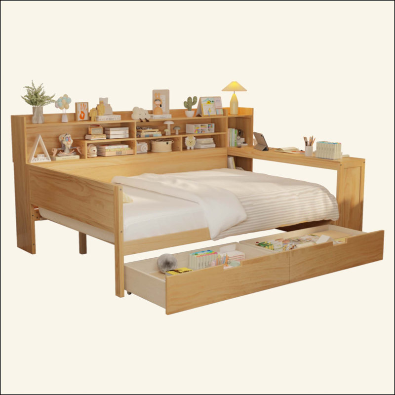 Lit de jour en bois avec tablettes de rangement, lit multifonctionnel avec deux tiroirs de rangement et bureau d'étude