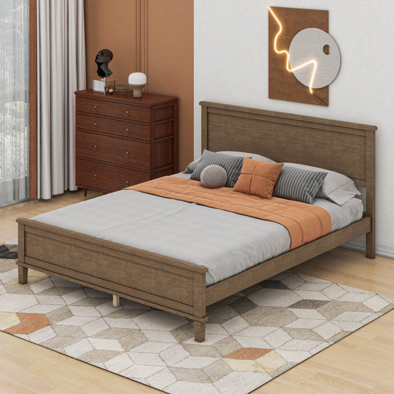 Grand lit plateforme en bois Mid-Century, Brun, Grand