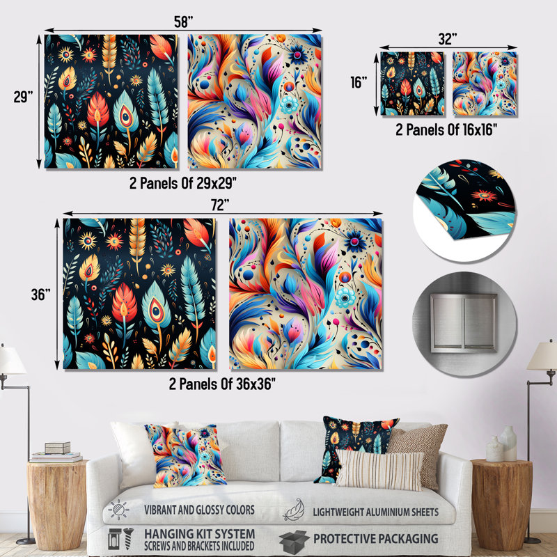 Eclectic Nomad Boho Pattern II - Feathers Metal Wall Decor Square Set Of 2, 16" H x 32" W