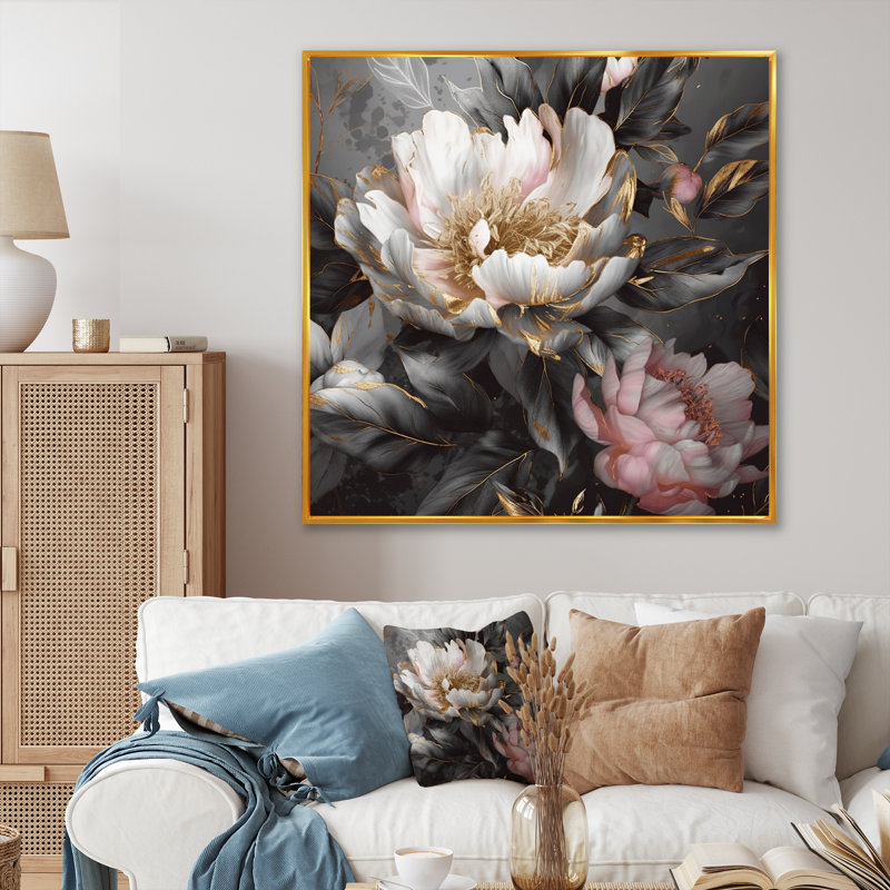 Pivoines roses et grises en fleurs II - impressions de pivoines, H 16 po x l 16 po, Cadre flottant doré