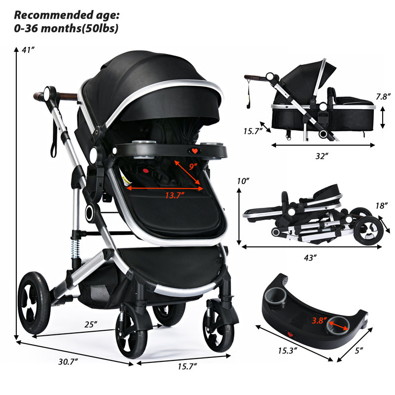 Baby Stroller, Foldable Infant Carriage, Bassinet Stroller for Newborn and Infant, Black