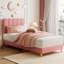 Lit plateforme simple tapissier avec tête de lit Wave, structure en velours pour enfants, support de lattes en bois, aucun sommier requis-1199102044
