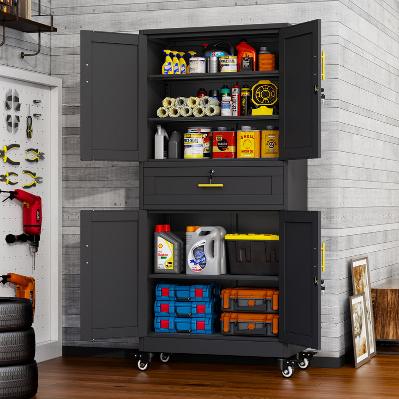 75" Tall Metal Rolling Garage Storage Cabinet with Wheels and Drawers for Home, Office, Garages, Black