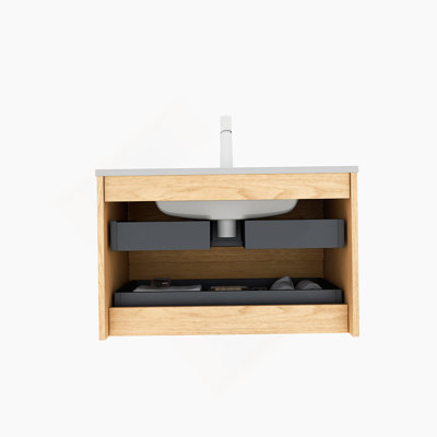 Meuble-lavabo 30 po avec lavabo, meuble de rangement mural moderne en contreplaqué flottant avec 2 tiroirs, lavabo en céramique blanc avec couvercle et drain, pré-assemblé, chêne Corolla