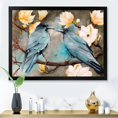 Deux corbeaux sur les branches de magnolia avec fleurs - reproduction sur toile