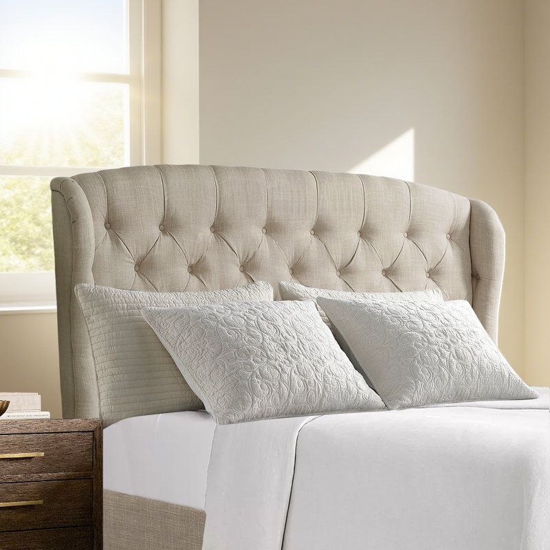 Luxury Linen Upholstered Wingback Headboard – Modern - Adjustable Height - Button Tufting, Beige, King