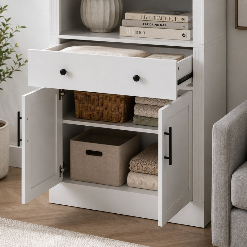Bibliothèque haute arquée Garst avec 2 étagères réglables, 1 tiroir et un placard à double porte, vitrine autoportante en MDF de 180 cm (70,9 po), bibliothèque moderne à plateau arqué pour salon