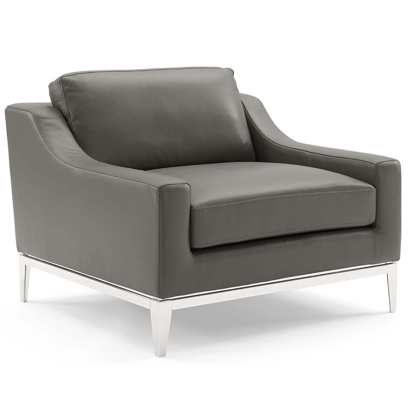 Harness Stainless Steel Base Leather Armchair Set of 2, Gray Leather Match