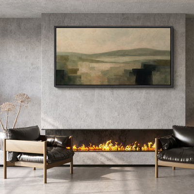 Hazy Hillside Landscape Framed Canvas - Minimalist Terrain in Green and Beige