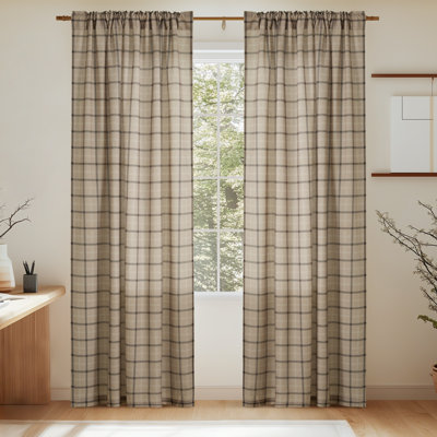 Rustic Grid Pattern Linen Light Filtering Plaid Curtains for Living Room Dining Room, Farmhouse Rod Pocket Back Tab Semi Sheer Window Curtains, 1 Pair