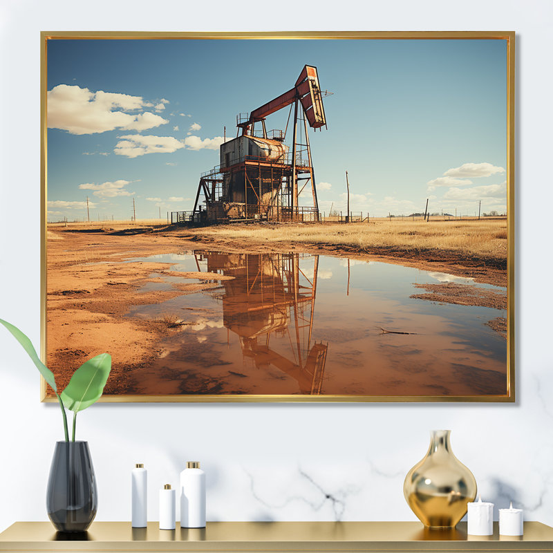 «Oil Drilling Rig Fields Horizon», reproduction sur toile, H 16 po x l 32 po x P 1 po, Cadre flottant doré
