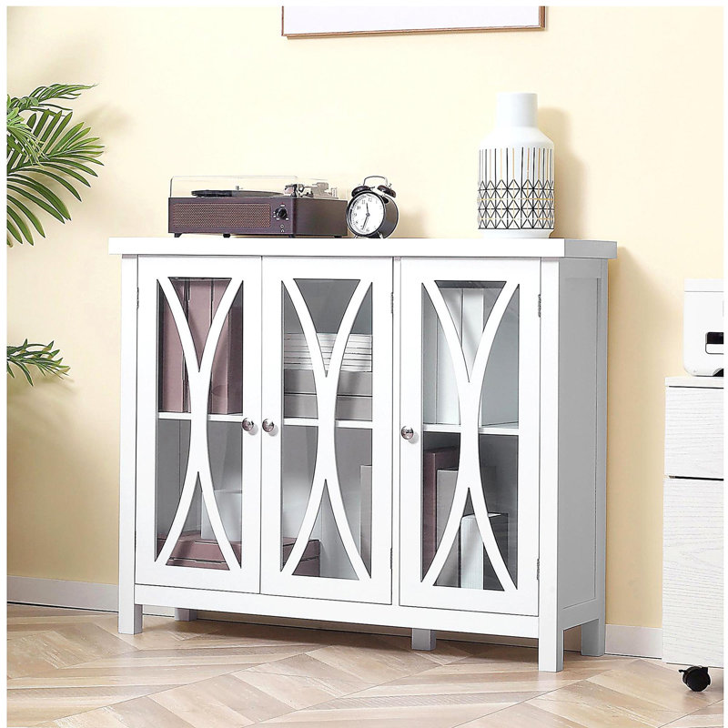 Buffet HOMcom, buffet avec 3 portes en verre trempé, motif arqué et tablette de rangement réglable, crédence, blanc