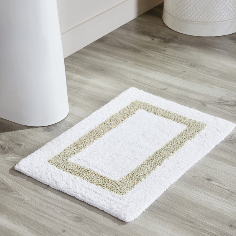 Tapis pour salle de bain réversible 100% coton Widman, doux et super absorbant, lavable à la machine pour la douche, la baignoire et le lavabo, rectangle 17 po x 24 po, blanc / sauge