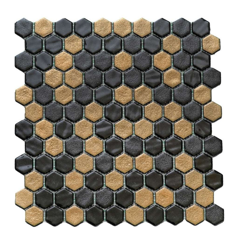 Eterna Hex 1" x 1" Honeycomb Glass Mosaic Floor and Wall Tile, Black/Gold