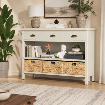 Console rétro avec 3 tiroirs de rangement, table d'entrée avec 3 paniers tissés en jacinthe d'eau, armoire-buffet en bois pour le vestibule, le couloir et le salon (blanc antique)