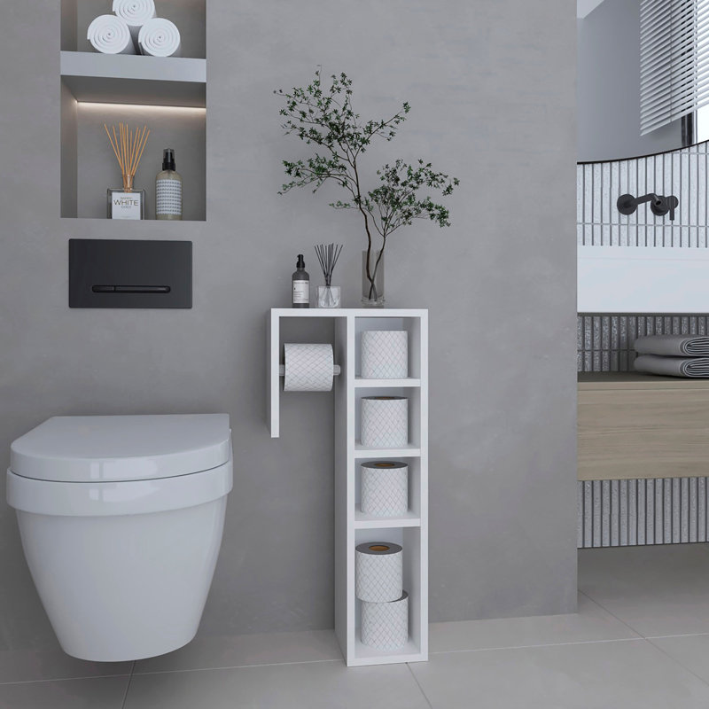 Armoire à papier hygiénique sur pied à design vertical mince avec compartiment de rangement, blanc