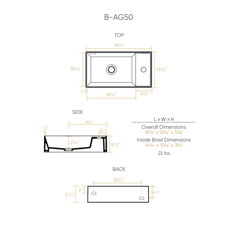 Whitehaus 19" Rectangular Wall Mount Basin With Right Single Hole And Overflow
