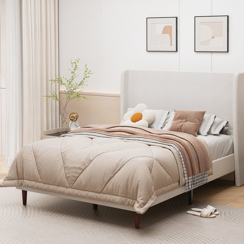 Grand lit grand à dossier haut, support à 12 lattes, lit doux de haute qualité, facile à assembler, beige, tissu chenille