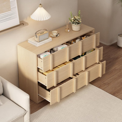 Meuble télé moderne en bois 47,2 po avec 6 tiroirs - meuble télé pour téléviseur de 50 po ou moins - chambre à coucher, salon, rangement dans l'entrée - robuste - couleur bois naturel