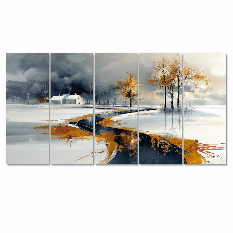Ensemble de salon art mural doré et blanc givré en hiver II, H 32 po x l 80 po