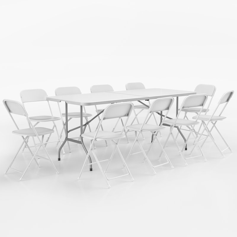 Rectangular Bi-Fold Dining Table with 10 Folding Chairs Set for Picnic Event Indoor and Outdoor Use, 30" D x 72" W x 29.5" H