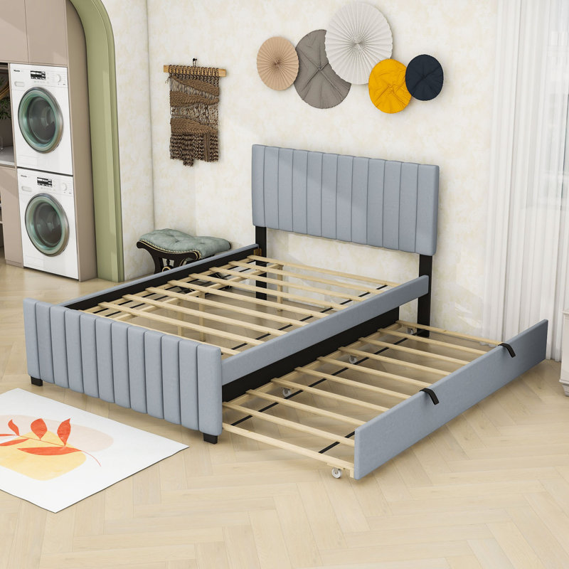 Lit plateforme tapissier avec lit gigogne et tête de lit, Double, gris