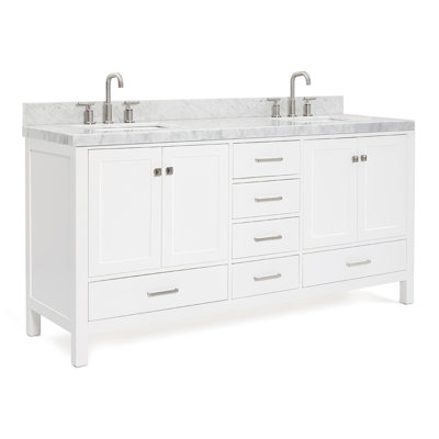 Meuble-lavabo double en bois massif Cambridge avec comptoir en marbre de Carrare 2 po