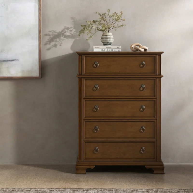 Advith 50'' H Traditional 5 - Drawer Dresser with Hidden Drawer and Separate Storage, Walnut