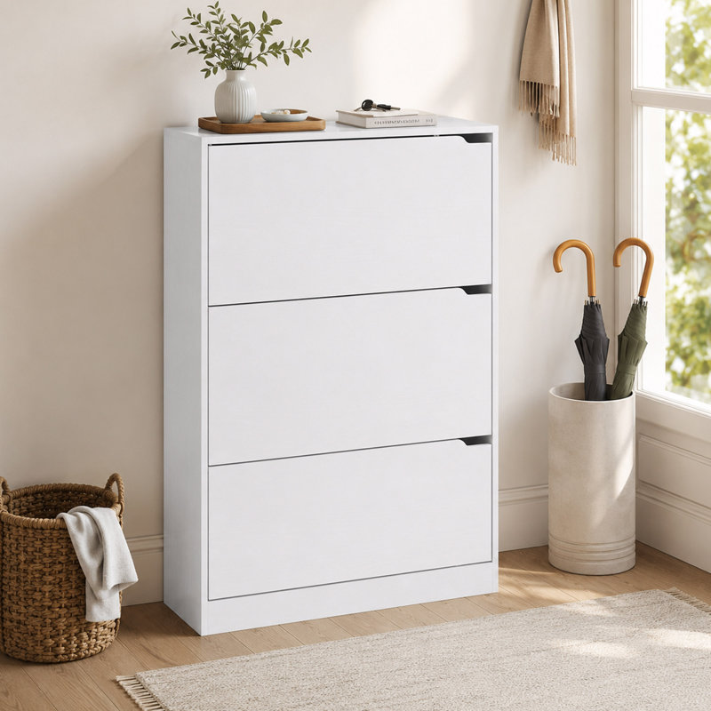 47.2'' White Shoe Storage Cabinet, 3 Flip Drawers