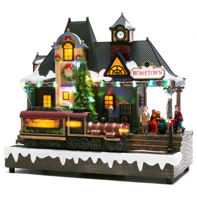  Décorations de maison de village de Noël, station de train à piles avec musique, lumières DEL et train en mouvement, pour décor de cadeau de Noël à domicile, ville natale de Noël rétro, 11,6 pouces