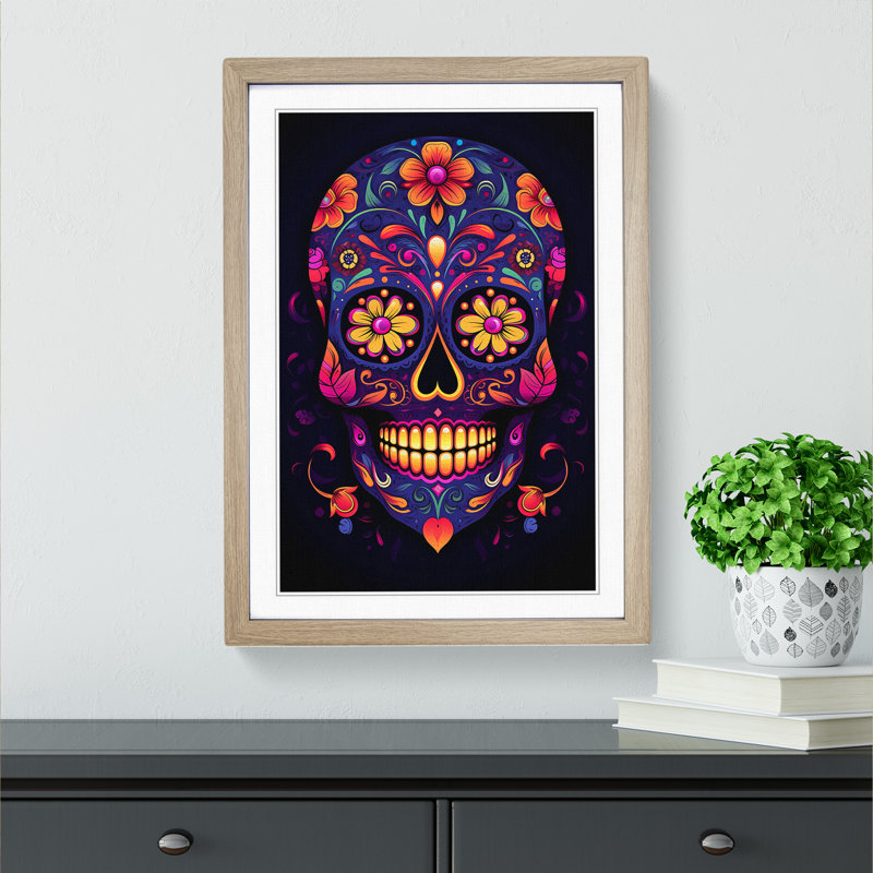 Sugar Skull Minimalism - Single Picture Frame Print on Wood, Oak, 34cm H x 25cm W x 2cm D