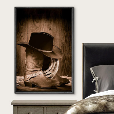 Western Cowboy "Vintage Brown Boots And Hat Artwork, Rustic Southwest Wall Pictures, Large Framed Canvas Giclee Print Wall Art"
