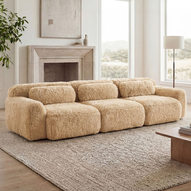 Canapé Boneless Fluffy Plush, H 28,7 po x l 114,7 po x P 40,9 po, 3, Kaki pâle