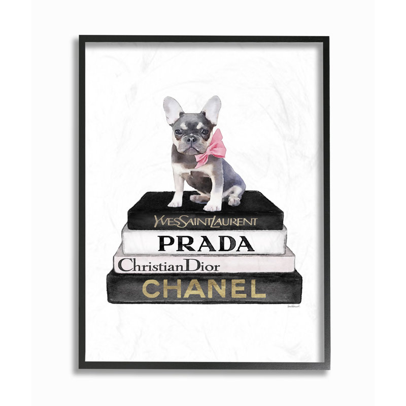 « mode designer pet dog bookstack black gold », impression, Giclée encadrée noir minuit, H 14 po x l 11 po