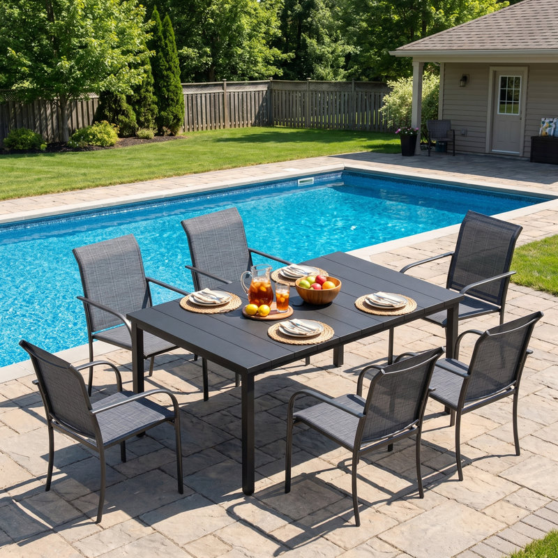 Ensemble repas pour 6 personnes avec table rectangulaire et 6 chaises empilables Leyre, Gris