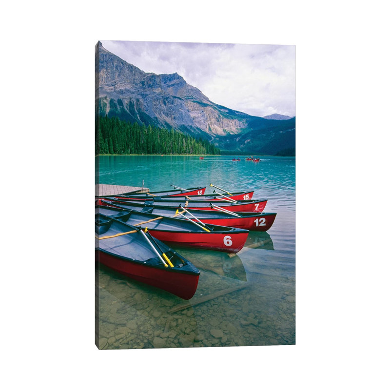 Canoes At A Dock, Emerald Lake, British Columbia, Canada by George Oze - Wrapped Canvas Print, 20.32 cm H x 30.48 cm W