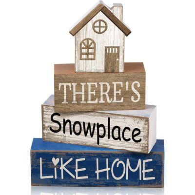 4 Pcs Wood Block Signs Farmhouse Tiered Tray Stacked House | Rustic Tabletop Signs with Winter Sentiment, Stackable for Shelf or Mantel, Seasonal Home Accent, Distressed Finish