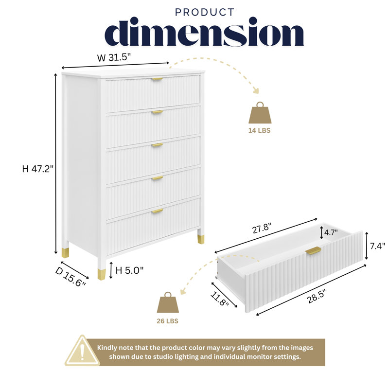 Drift 5 Drawer Chest With Interlock Drawer Feature for Bedroom, 31.5" W Modern Chest of Drawers, Wood Drawer Organizer for Clothes, Entryway, Hallway, Nursery or Living Room