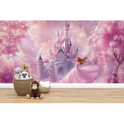 Pink Fairytale Castle Wallpaper – Dreamy Romantic Scene With Princess, Ideal For Nursery, Kids’ Room, Or Playroom, Magical Pastel Fantasy Mural