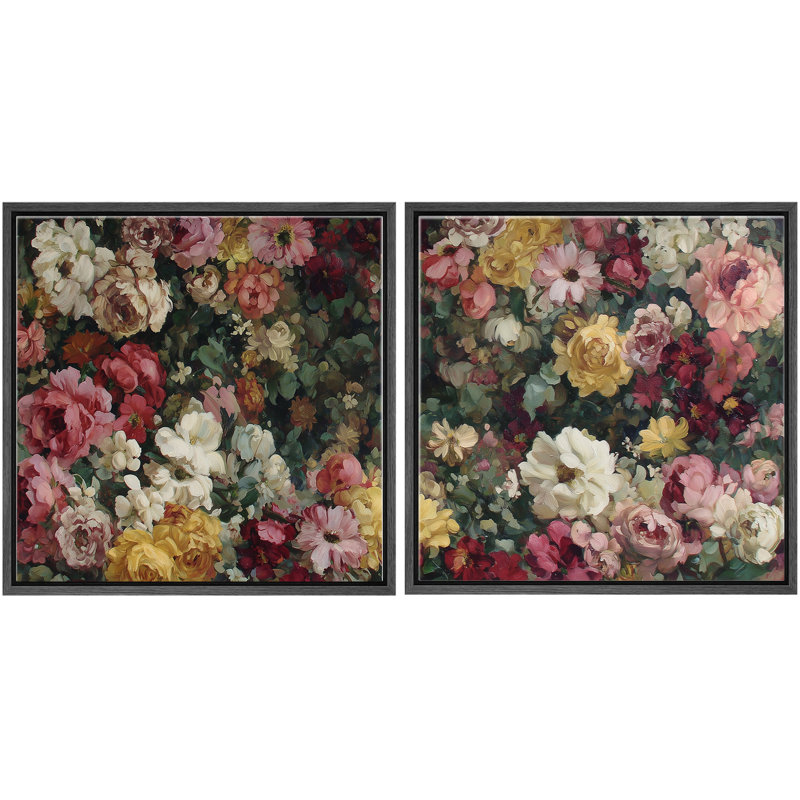«Classic Blooming Rose Garden Floral», ensemble de 2 œuvres d'art encadrées, H 16 po x l 16 po, Cadre flottant noir