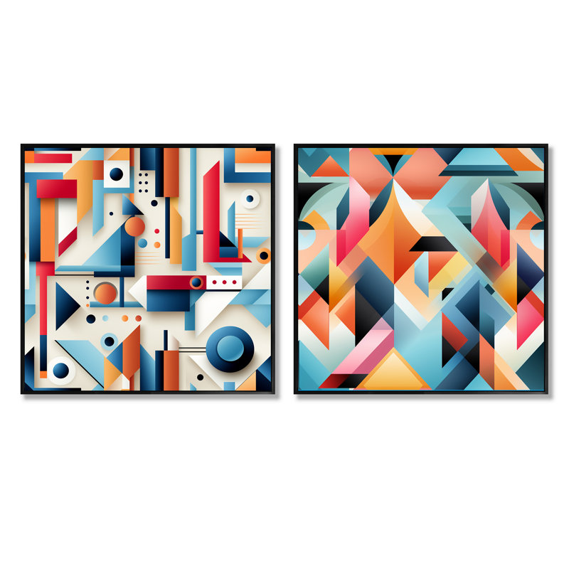 Eclectic Geometric Diversity III - ensemble de 2 collages carrés à formes abstraites, Cadre flottant noir, H 16 po x l 33 po