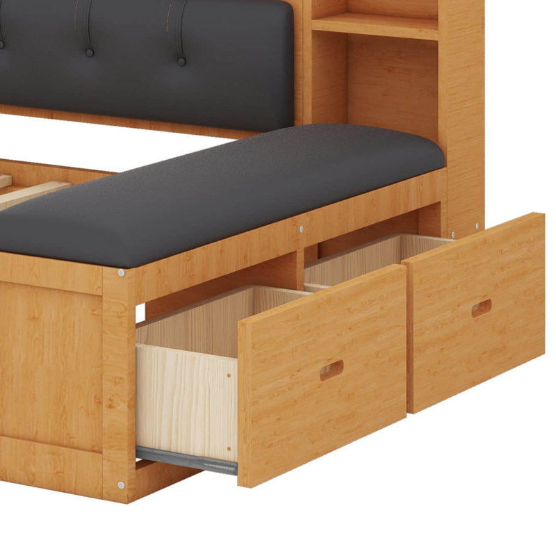 Full Size Wood Daybed With Trundle, Storage Shelves, Bench, Charging Station And Upholstered Headboard, Natural / Black