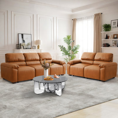 2 - Piece Living Room Set, Faux Leather Couch, Modular Sectional Brown Sofa