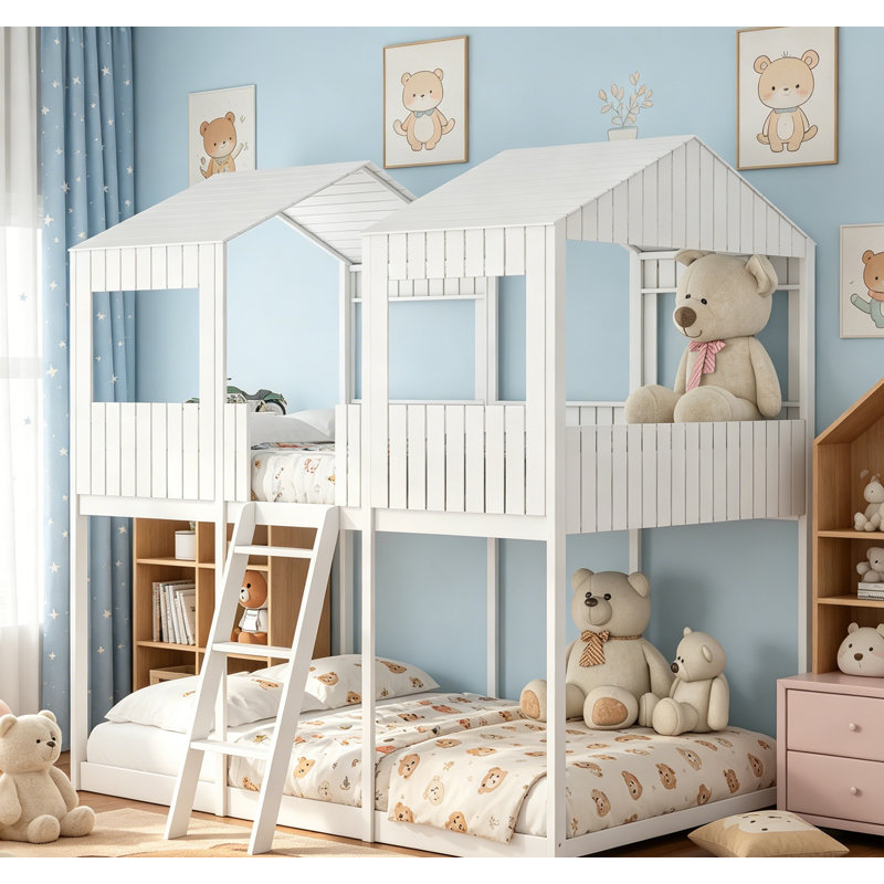 Lit superposé double au-dessus d'un lit double avec toit, fenêtre, garde-corps, échelle, parfait pour jouer et dormir dans des espaces compacts
