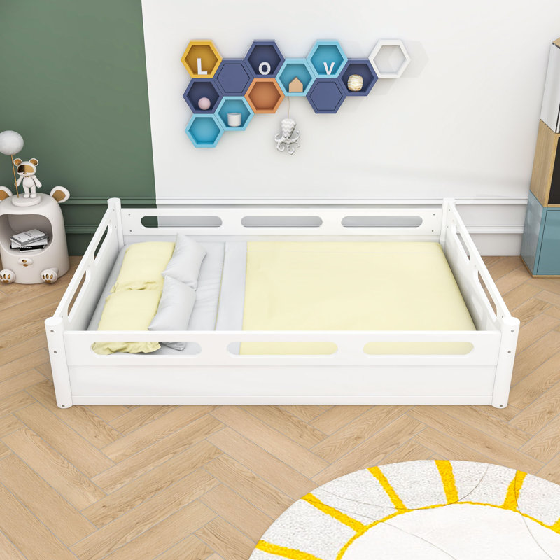 Floor Platform Bed with Guardrails, White, Full